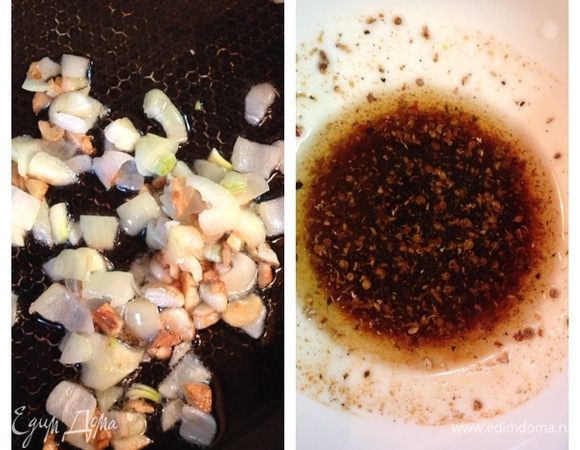 Затем необходимо подготовить соус. В разогретом оливковом масле обжарить до золотистого цвета нарезанные луковицу и чеснок. Затем масло процедить и добавить к соевому соусу. Добавить специи и перемешать.