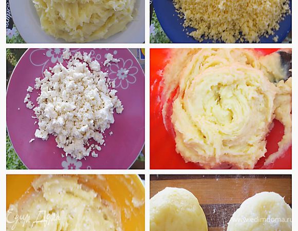 Картофель отварить, приготовить пюре. Лучше измельчить в блендере, чтобы не было комочков.
Сыр "Эдам"также измельчить. Фету раскрошить руками
Перемешать часть картофельного пюре с сыром, а часть с фетой в однородные массы. Если Вам хочется, можно немного посолить, я этого не делала.