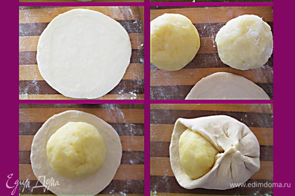 Выложить колобок на тесто и затем аккуратно собрать тесто, закрывая начинку. Перевернуть и нежно, не надавливая сильно, раскатать лепешку.
