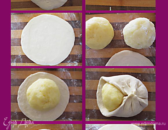 Выложить колобок на тесто и затем аккуратно собрать тесто, закрывая начинку. Перевернуть и нежно, не надавливая сильно, раскатать лепешку.