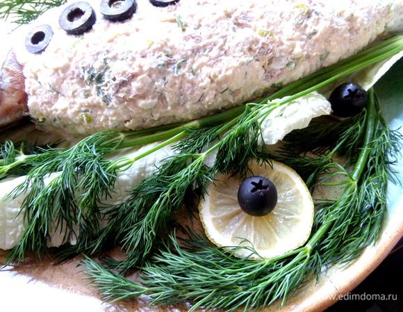 Рядом украсила кружочками лимона с оливкой сверху и веточками укропа.