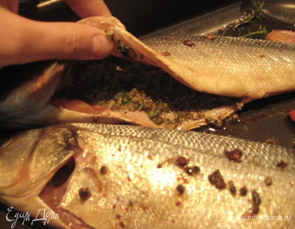 В брюшко рыбы положить 2 ч.л. тапенада. Тут мне позировала рыба сибас, которую я готовила по этому же принципу. Противень смазать оливковым маслом, выложить рыбу, зубчик чеснока и кусочек острого красного перчика, налить вино.