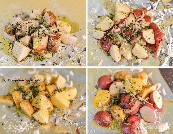 Картофель тщательно помойте, нарежьте на половинки и выложите в глубокую миску. Добавьте соль, перец, цедру, оливковое масло и хорошо перемешайте руками. Фольгу сложите вдвое и сформируйте карман. Мелко нарежьте лук. На серединку кармана выложить замаринованный картофель, лук, тимьян и кусочек масла. 