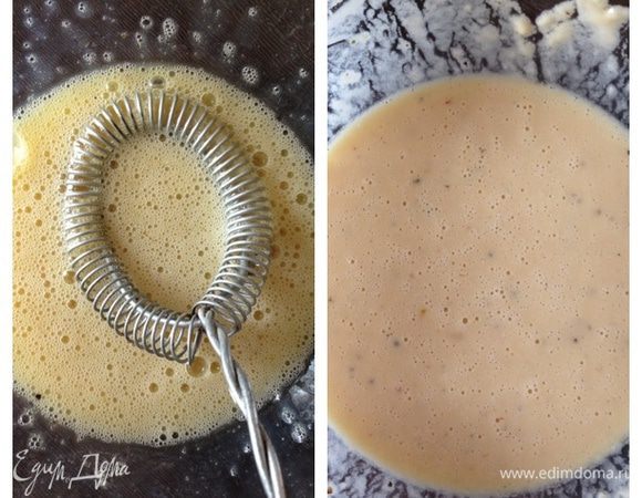 Теперь кляр. Взобьем яйца с молоком, солью и перцем, добавим муку и хорошенько перемешаем.