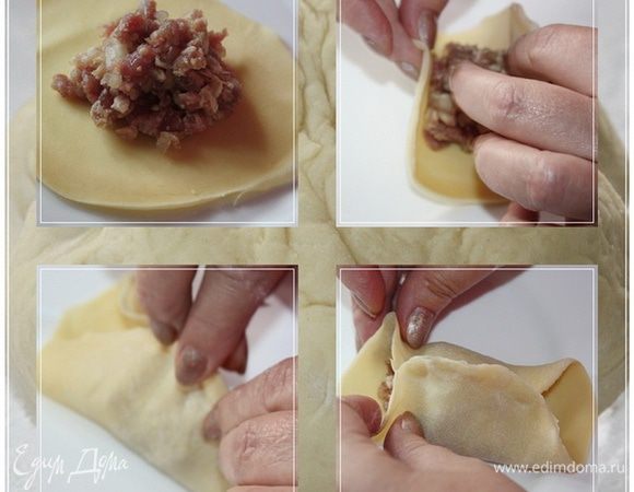 А потом. Потом берем немного фарша для каждого кружочка и лепим манты. Вот так, как на картинке.