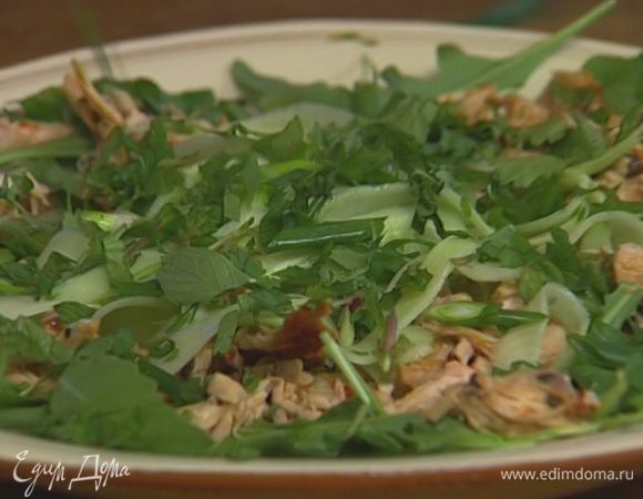 Присыпать зеленым луком, листьями мяты и кинзы, полить 1 ст. ложкой соуса. 