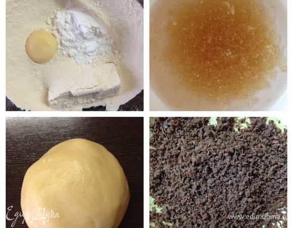 Для начала замочим желатин в 3 ст.л. холодной воды, натрем шоколад на терке и займемся песочным тестом.
Смешаем масло, муку, сахарную пудру и желток. Вымесим тесто, завернем в пищевую пленку и уберем на 30 минут в холодильник.