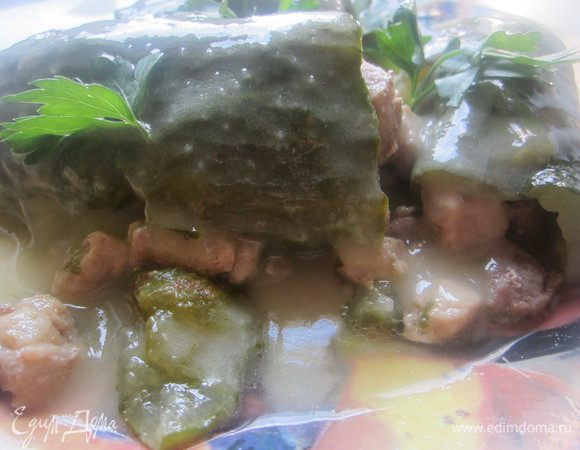 Выложить огурчики на блюдо, нитки удалить. Муку обжарить на оставшемся масле, влить бульон от варки огурцов, соус довести до кипения, процедить и залить им огурчики. Украсить зеленью петрушки.