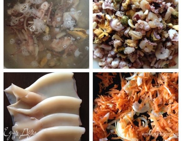 Для начала подготовим кальмары: хорошо промоем, очистим от всего лишнего и обсушим.
Лук нарежем полукольцами, морковь натрем на крупной терке. Слегка обжарим овощи на оливковом масле.
Замороженный морской коктейль бросим в кипящую воду, дадим закипеть и достанем из воды. Нарежем его, сильно не мельчим.
