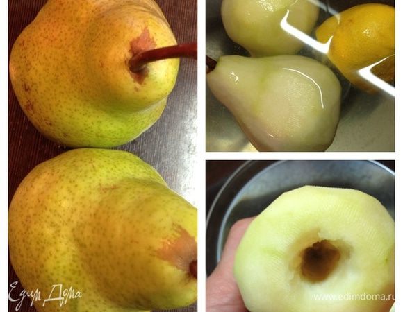 Теперь груши. Вернее, груши во время лука)))))) 
Груши необходимо брать твердые, без изъянов.
Заполнить миску водой (эту воду я не указывала в ингредиентах), добавить сок 1/2 лимона, можно бросить туда и кожуру. Очистить груши от кожуры, удалить с нижней части сердцевину и отправить их в подкисленную воду, пока мы будем варить сироп.
