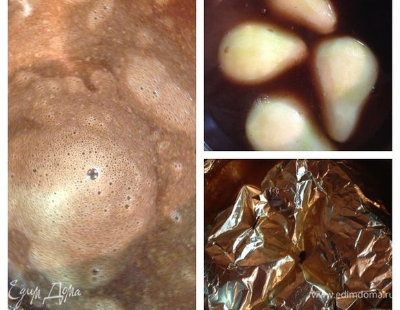 Для сиропа соотношение сахара и воды 1:2. У меня ушло 1,5 ст. сахара и 3 воды. Все зависит от размера груш и посуды, но груши должны быть покрыты сиропом полностью.
Соединим в кастрюле воду, сахар и корицу. Добавки могут быть любыми по желанию и вкусу: ваниль, вино, соки, травы, сухофрукты и т.д. Выжмем оставшуюся 1/2 лимона. Доведем жидкость до кипения и полного растворения сахара. Уменьшим огонь и доведем температуру сиропа до 70-85 градусов. У меня термометра нет и я варила "на глаз", главное, чтобы сироп не кипел.
Режем груши вдоль пополам и опускаем в сироп. Берем кусок фольги, делаем в ней небольшие прорези и накрываем груши так, чтобы они были полностью погружены в сироп и не всплывали. Варим 5-15 минут в зависимости от мягкости груш, не допуская переваривания. Для проверки готовности вставим нож в самую толстую часть груши: он должен довольно легко входить в нее, но не утопать.