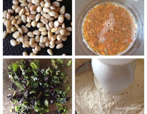 Для начала поджарим кедровые орешки, вяленые томаты зальем кипятком. Если у вас томаты в масле, то это масло и используйте для выпечки вместо оливкового. Базилик измельчим. Смешаем просеянную муку, разрыхлитель и соль. Я делала это сразу в чаше кухонного комбайна.