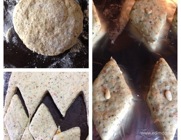 Выложим тесто на присыпанную мукой поверхность и слегка замесим руками. Долго месить не следует. При необходимости добавим муки. Тесто должно хорошо раскатываться и не липнуть. 
Раскатаем тесто толщиной в 1 см. Можно тоньше, т.к. оно хорошо поднимается, и вырежем формочками печенье. Уложим на застеленный пергаментом противень, украсим орешками и поставим в разогретую до 200 градусов духовку минут на 15, пока не зарумянится.