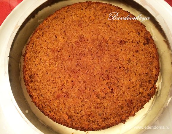 Сверху на сырный мусс выложить первый морковный корж и немного «утопить» его, покрыть сверху медовым муссом.