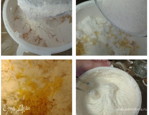 Творог протереть  через сито,  добавить сахар, сок  и цедру одного лимона,  ваниль, взбитые сливки и манку.  Когда бисквит немного остынет на него выложить творожный слой и выпекать еще минут 25. 