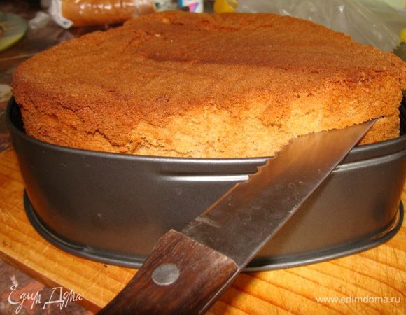 Разрезаем на следующий день бисквит. Чтобы сделать это ровно, нужно подложить под низ блюдо, сверху поставить разъемное кольцо и разрезать острым ножом, ведя по бортику формы.