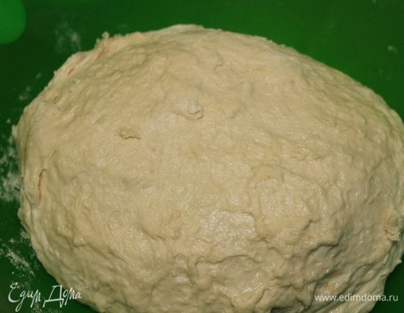 В подошедшую опару добавляем теплую воду, сахар, соль, ванильный сахар. Хорошо все перемешиваем, затем постепенно добавляем просеянную муку. Как только тесто станет похоже, как на оладьи, добавляем коньяк и 2 ст.л. растительного масла. Еще раз, хорошо все перемешиваем и добавляем оставшуюся муку. Как только тесто перестало липнуть к рукам, скатываем его в шар и кладем в чистую посуду, накрываем полотенцем и оставляем на 1 час.