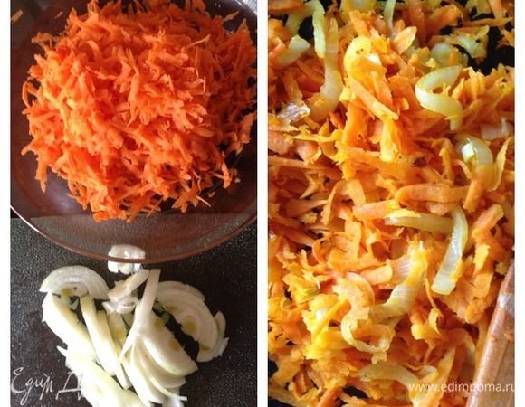 Натрем морковь на крупной терке, нарежем луковицу полукольцами. Обжарим на масле.