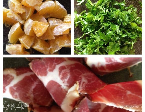 В это время нарежем очищенный апельсин (дольку части на 3), мясо тоненькими полосками и нарубим зелень.