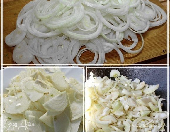 Почистив, лук надо нарезать. Полукольцами или кольцами особо разницы не имеет. Только тончить не стоит. Миллиметра три, а лучше около пяти режьте.