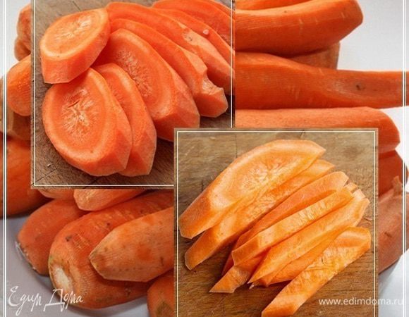 Для более ленивых. Или, если нужна скорость приготовления. Сначала морковку разрезать на дольки, толщиной примерно миллиметра три – четыре, а потом их уже тоже порезать на брусочки.