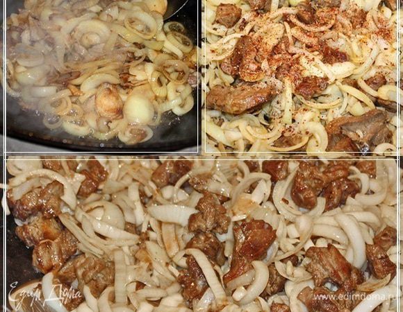 А уже потом, в лук выложить мясо. И жарить его на сильном огне до поджаристой красноватой корочки. На мой взгляд, это нужно делать, когда мы хотим получить плов мягкий. Потому что мясо будет мягче.  Как бы немного тушеное. Ибо сохранит оно под корочкой сочность.
Но, я чаще всего использую другой способ. То есть лук выкладываю в казан уже после того, как обжарил мясо
