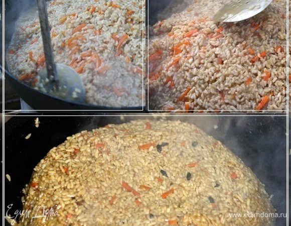 И делаем вот такую горочку.
Попробуйте. Если почувствуете, что рис уже всю влагу впитал, но не готов, то можно немного добавить воды.  
И дать ещё пропарится. Пусть рис пропитается ароматами и вкусом специй и приправ.
Огонь всё это время должен быть очень спокойным, небольшим. Чтобы не раскалять казан излишне и не сжечь рис.
