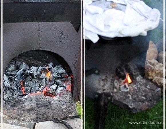 А потом накрываем казан крышкой и оставляем на очень маленьком огоньке. Практически на угольках, чтобы нагрев был не больше «свечки», что называется.
Нелишним будет крышку уплотнить полотенцами.
