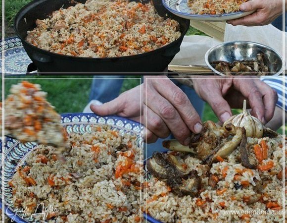 И выкладываем готовый плов на блюдо. Такое блюдо – ляган называется.