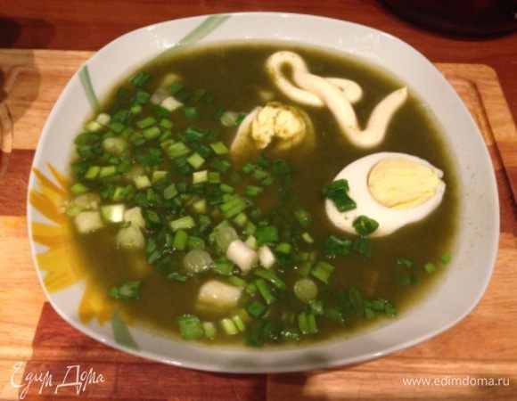 При подаче в каждую тарелку добавить мелко порезанный зеленый лук и украсить половинками вареных яиц. Можно подавать со сметаной или майонезом. Приятного аппетита и будьте здоровы!