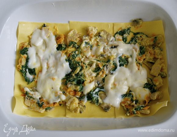 Прямоугольную огнеупорную форму (15 Х 25 см) смазать немного соусом бешамель. Выложить слой из листьев для лазаньи. Сверху положить немного начинки и затем слой бешамель. Продолжать в том же порядке (паста для лазаньи, начинка, соус бешамель) до окончания ингредиентов. 