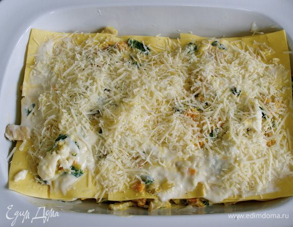 Присыпать тертым сыром пармезан и поставить лазанью запекаться на 20 минут до образования золотистой корочки. 