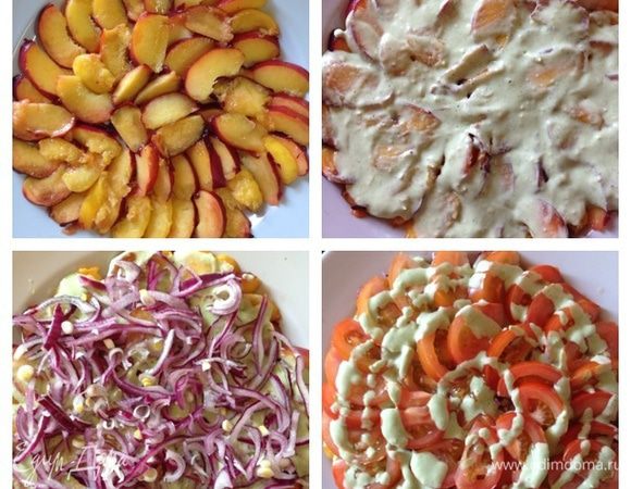 Лук нарежем тонкими полукольцами и обдадим кипятком.
Помидоры нужно брать большие и спелые. Персики тоже большие сладкие и сочные (у меня были маленькие и я взяла 5 штук).
Нарежем помидоры и персики тонкими ломтиками.
На большой тарелке раскладываем слоями персики, лук, а затем помидоры. Каждый слой промазываем соусом. На верхний слой соусом я просто поливала.