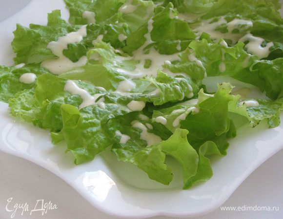 Салатные листья покрыть соусом.
