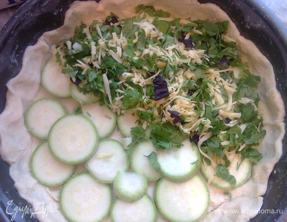 Замесить тесто: в  кефир всыпать соль, соду, сахар и добавить растопленное сливочное масло, ввести муку и замесить мягкое тесто.. Смазать форму сливочным маслом, выложить половину теста раскатанного кругом..выложить на него кабачок, порезанный кружочками, посолить, на него высыпать потертый сыр, смешанный с зеленью и чесноком, поперчить...
