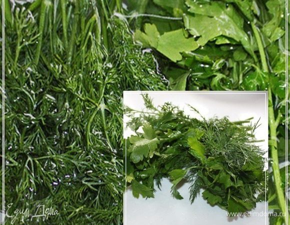 Зелень хорошо промыть и разделить на два небольших букета. Будем использовать ее в два приема.