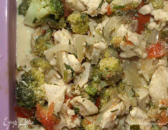 В форму (у меня квадратная 19 см и глубина 5 см). Выливаем часть теста в форму и сверху не перемешивая выкладываем начинку (если начинка с соком, то сок удалить). 