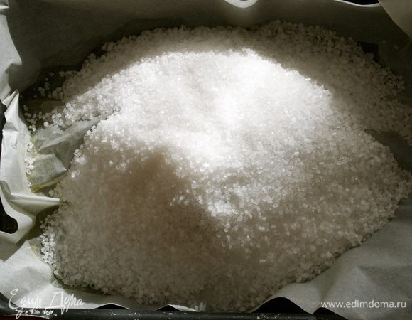 Сверху засыпать противень крупной солью таким образом, чтобы она полностью накрывала мясо (в качестве крышки), но при этом не была с ним в прямом контакте! То есть между мясом и солью должна быть бумага. Соли используйте столько, сколько понадобится. Мне хватило 1 кг.