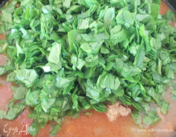 Затем добавить измельченный шпинат,протушить под закрытой крышкой,минут пять,пока блюдо не будет полностью готово. Можно подавать со сметаной. Приятного аппетита!!!