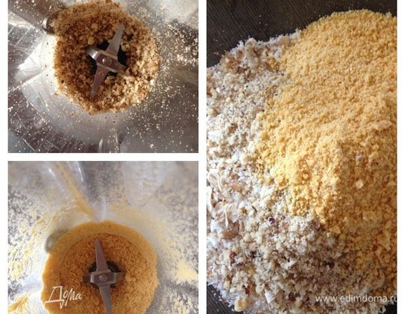 Стакан у меня 250 мл.
Для начала при помощи кухонной техники измельчим кукурузные хлопья и грецкие орехи. 
Смешаем муку, овсяные хлопья, кокосовую стружку, измельченные кукурузные хлопья и орехи, а также ванилин, соду и соль.