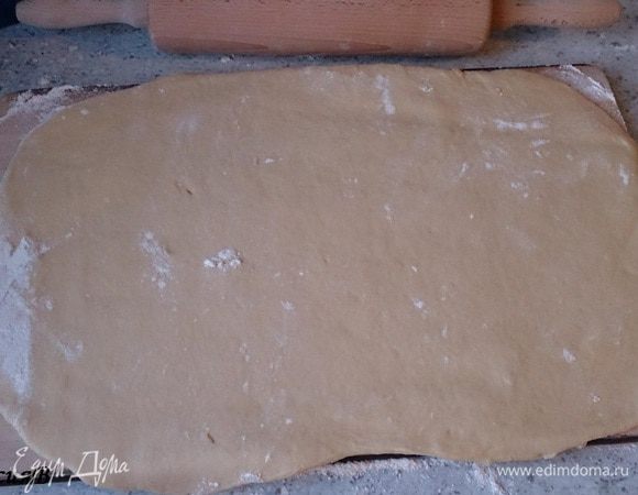 Раскатать тесто прямоугольной формы на посыпанной мукой поверхности.