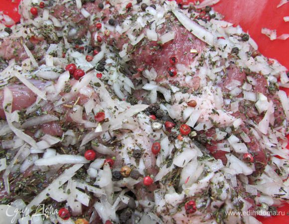 Мясо перемешать со специями, травами и луком.