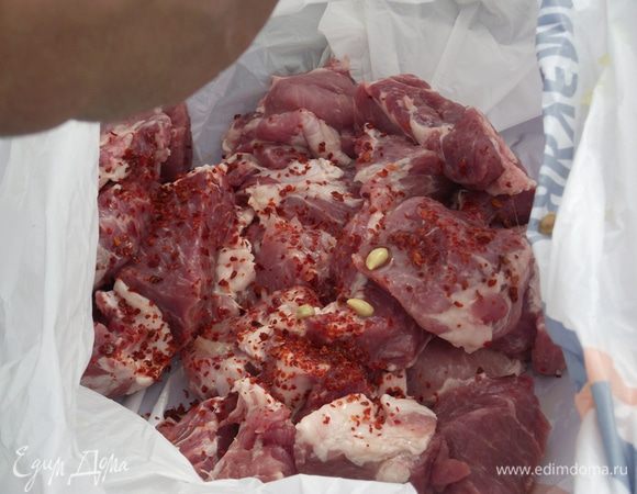 Мясо освободить от пленочек и лишнего жира. Затем его необходимо порезать на порционные куски, размером примерно 5*5 см. Нарезать кольцами лук размером 0,5 см.