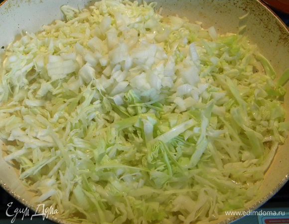 Режем капусту, лук, поливаем маслом сковородку и жарим, солим, перчим по вкусу. В конце чеснок  добавляем.