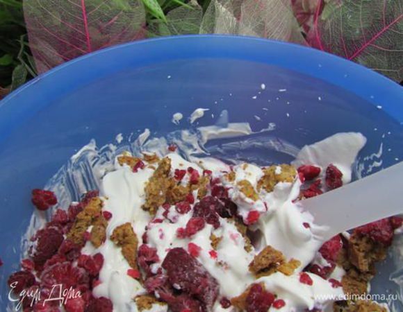 Вмешайте печенье и малину (у меня замороженная) в сливочную массу. Переложите смесь в контейнер с крышкой и уберите в морозильник на 2-3 часа (у меня на ночь).