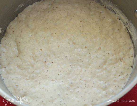 Тесто  покрыть плёнкой и оставить на 18-24 часа. У меня стояло 15 часов. Тесто сильно пузырится.
