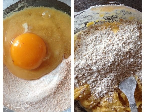 Все до безобразия просто.
Ставим разогреваться духовку до 180 градусов.
Смешаем в миске кисель (у меня бы в порошке, если бруском, то его нужно тщательно растереть) и яйцо. Добавим муку, молотые овсяные хлопья, разрыхлитель и ванилин.