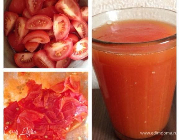 Помидоры моем, нарезаем на дольки и отправляем вместе с 0,25 ст. воды в кастрюлю на огонь. Тушим до мягкости. У меня это заняло минут 10.
Протираем помидорки через мелкое сито, избавляясь от кожицы и косточек.
Должно получиться около стакана томатного пюре, если чуть меньше, то ничего страшного, но больше не надо.