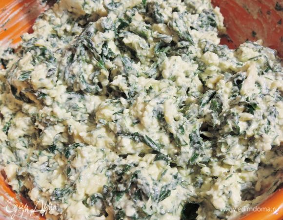 Ошпаренный шпинат нарезаем как можно мельче. Промытые укроп и петрушку тоже измельчаем. Добавляем в творог измельченную зелень, сметану и примерно 100г тертого сыра. Солим по вкусу, но не забываем, что сыр тоже соленый.