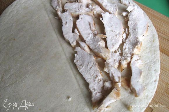 Дать курице немного остыть, нарезать пластинами, распределить кусочки курицы между двумя тортильями, положив на половинки лепешек.